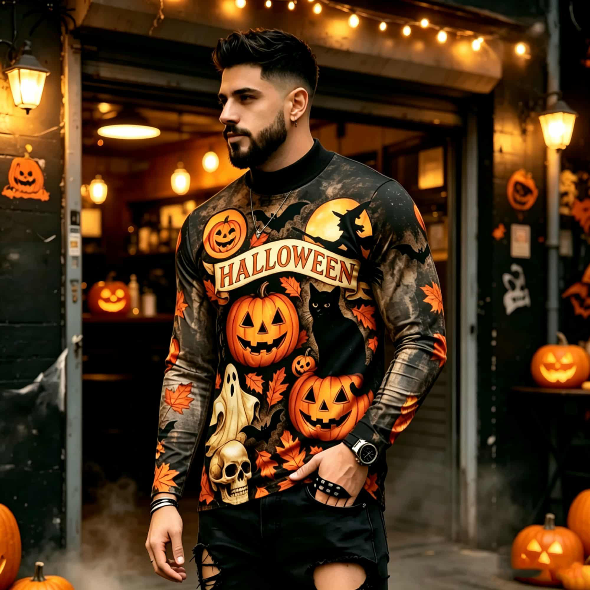 Street Fashion Styles - T-shirt à manches longues imprimé Halloween,
